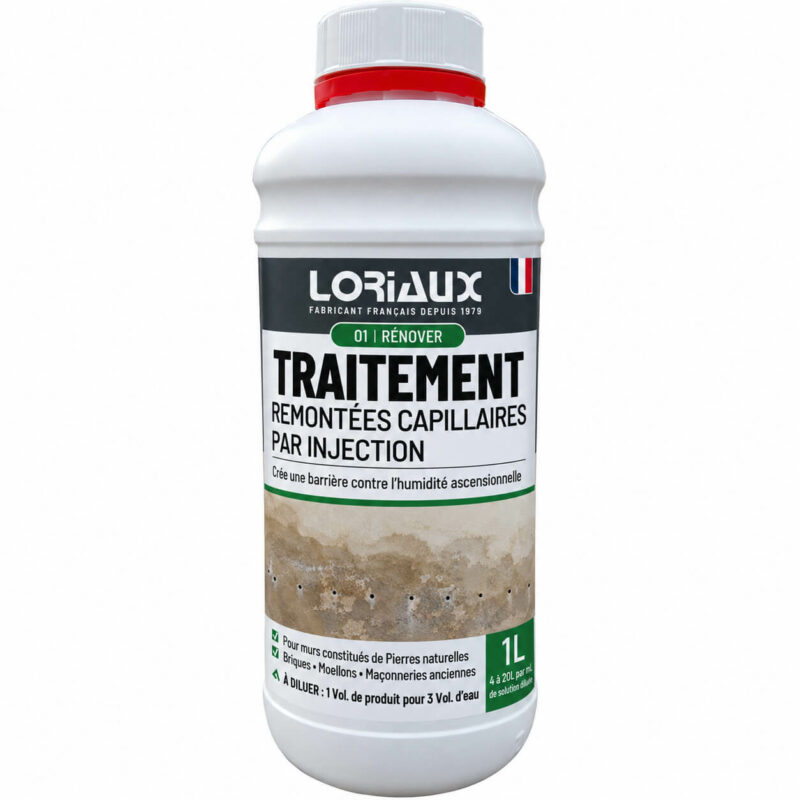 traitement-des-remontees-capillaires-1L-loriaux Traitement des Remontées Capillaires par Injection 1L Stoppe l’humidité ascensionnelle dans les murs en créant une barrière hydrofuge au cœur des matériaux