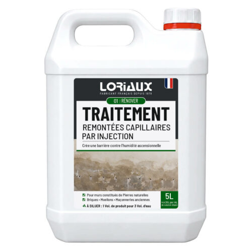 Traitement des Remontées Capillaires par Injection 5L Stoppe l’humidité ascensionnelle dans les murs en créant une barrière hydrofuge au cœur des matériaux